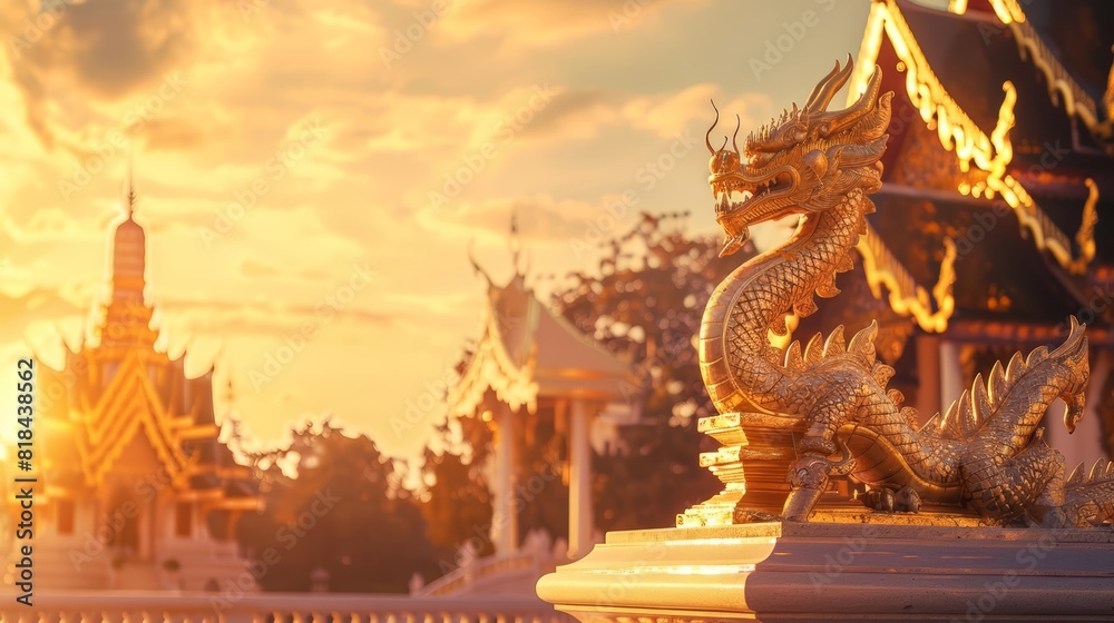 Fototapeta premium A blank podium showcasing a beautiful scene of Thai temples and monuments with a golden dragon statue