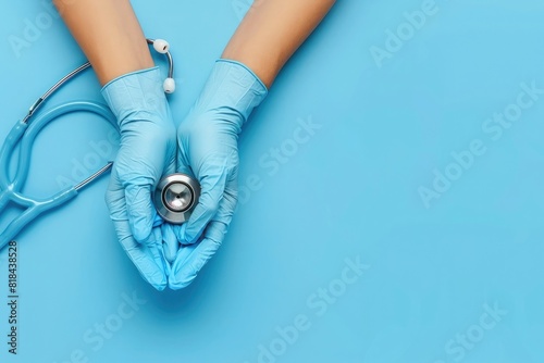 Photo of a nurse holding a stethoscope on a blue background with copy space. Closeup shot of a female doctor's hands in rubber gloves holding medical equipment