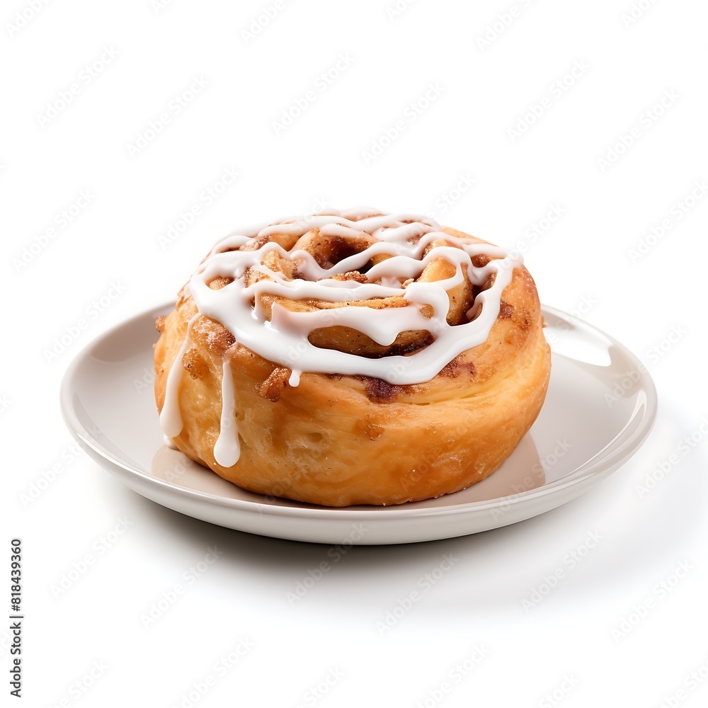Cinnamon bun on plate on white background. Fresh Cinnamon bun. Cinnamon bun on plate on white background. Fresh Cinnamon bun.
