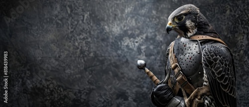 A falcon in a medieval knights armor, holding a tiny sword in front of a dark grey background The falcon looks valiant and noble, with copy space at the bottom
