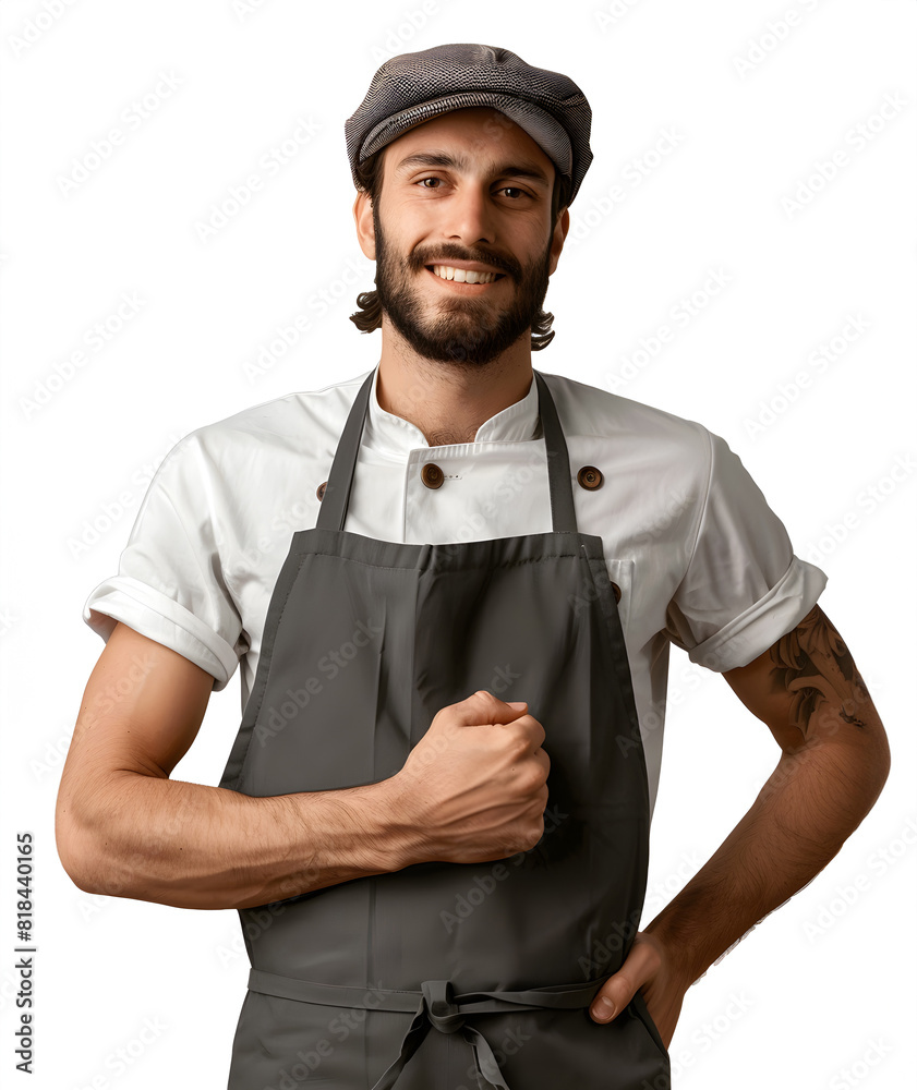 Young caucaisan male barista with radiant face and sparkling smile in apron standing with welcoming gesture arms isolated on white background. Small business startup owner or entrepreneur. Young caucaisan male barista with radiant face and sparkling smile in apron standing with welcoming gesture arms isolated on white background. Small business startup owner or entrepreneur.