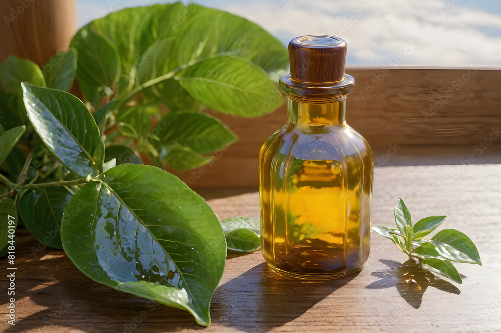 Aromatherapy tea tree essential oil bottle placed on a wooden table with natural tea tree leaves. Aromatherapy tea tree essential oil bottle placed on a wooden table with natural tea tree leaves.