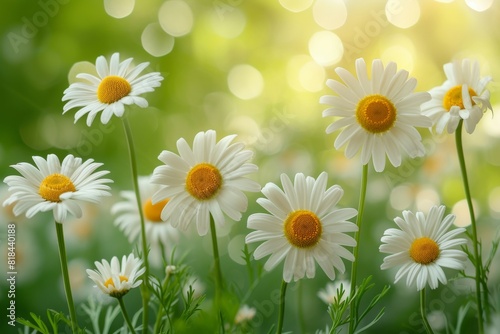 Chamomiles or daisies bloom in a field. Background with selective focus and copy space