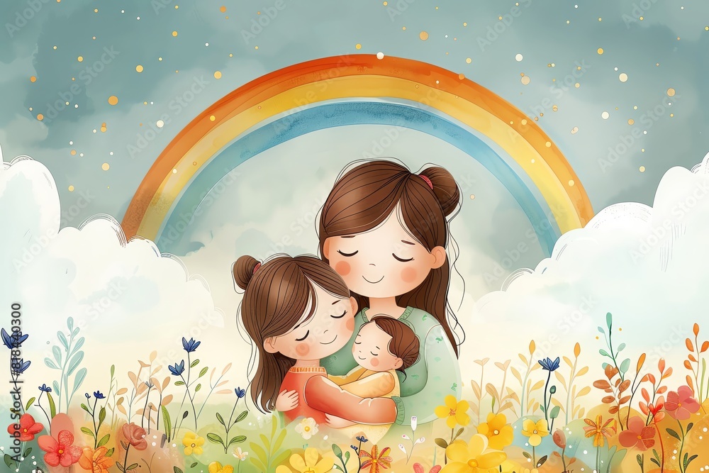 Two moms embracing their child, a rainbow painted subtly in the sky, simplistic 2D vector style