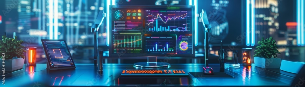 A futuristic workstation with a computer monitor showing holographic financial graphs and charts A futuristic workstation with a computer monitor showing holographic financial graphs and charts