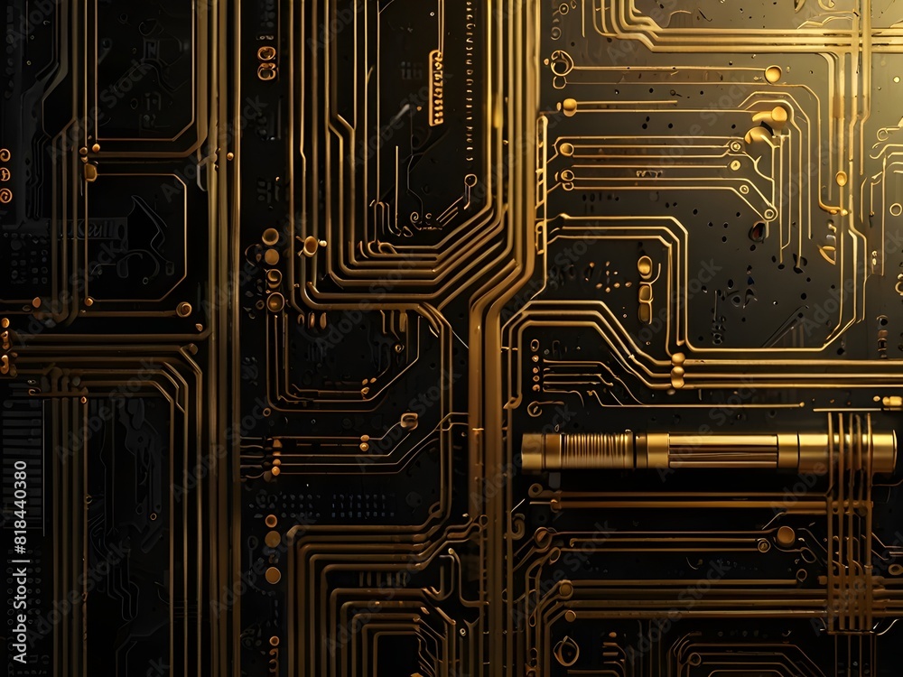 Abstract circuit, gold and black, tech texture, generative AI Abstract circuit, gold and black, tech texture, generative AI