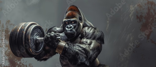 A gorilla in a bodybuilders outfit, lifting weights in front of a grey background The gorilla looks strong and focused, with copy space on the left side