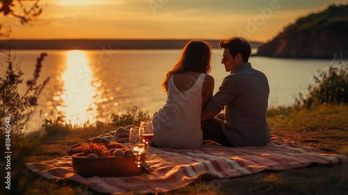 A couple is sitting on a blanket by the water, enjoying a romantic evening