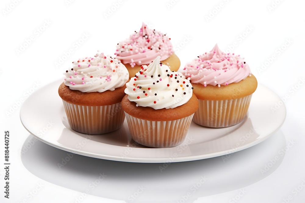 Cupcakes on a plate on white background.