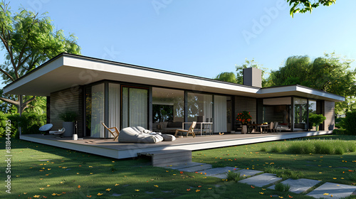 Illustration of beautiful flat house with beautiful yard around © pro click