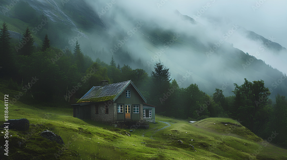 Isolated house in the mountains, beautiful typical northern European house in a lush, green landscape with fog