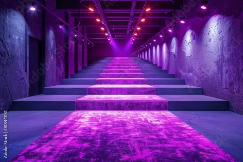 A long  narrow hallway with purple carpeting and purple lights. Fashion show catwalk or podium stage