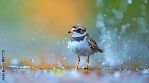 Cute little water bird. Water and sand background. Bird: Common Ringed Plover. Charadrius hiaticula. © Emil