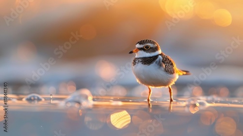Cute little water bird. Water and sand background. Bird: Common Ringed Plover. Charadrius hiaticula. photo
