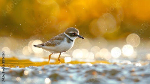 Cute little water bird. Water and sand background. Bird: Common Ringed Plover. Charadrius hiaticula.
