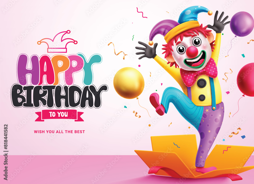 Fototapeta premium Happy birthday greeting vector design. Birthday clown character in open surprise gift box elements in happy, funny and smiling face for kids party celebration template. Vector illustration clown 