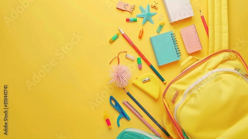 Photo of School supplies in backpack on light yellow background, top view with copy space for text or logo. back to school concept