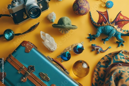A top view of whimsical travel essentials on a yellow background