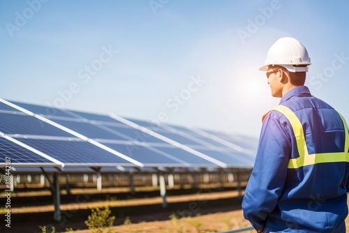 A man in a blue jacket and a white hat stands in front of a solar panel field