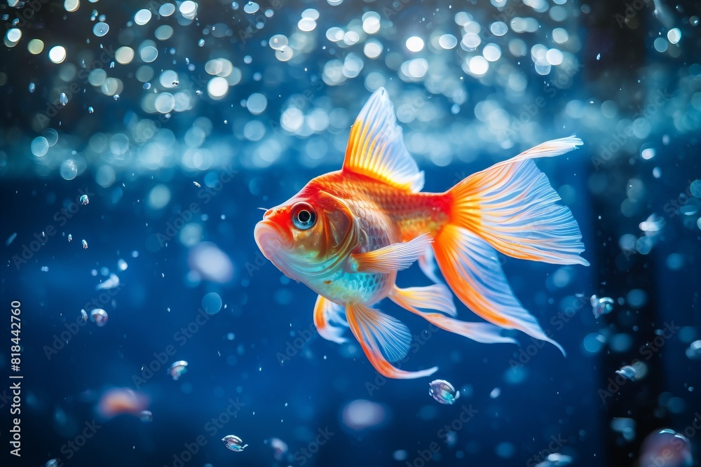 A gold and white fish swimming in a tank A gold and white fish swimming in a tank