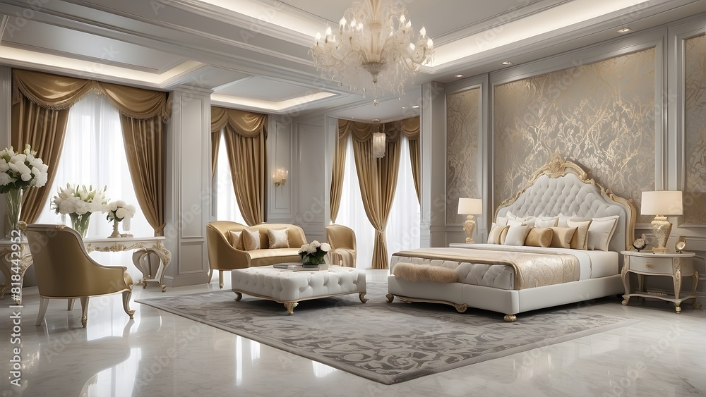 Royal luxury bedroom interior design, modern silver and golden interior ...