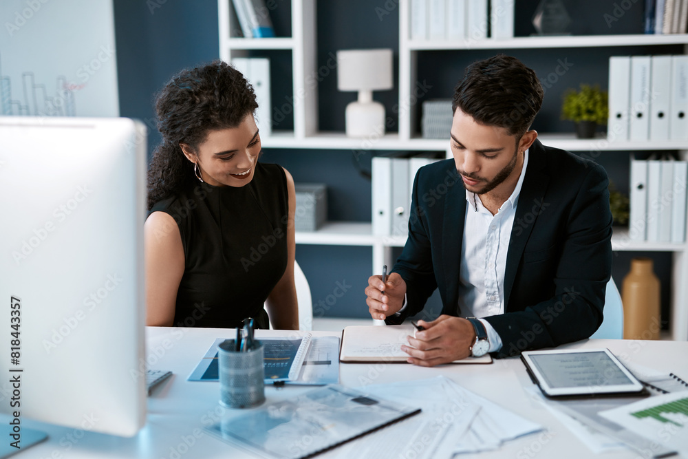 Office, woman and man with data analysis, advice and research notes on business growth. Profit, planning and teamwork for sales development, consultant and financial advisor at desk for partnership Office, woman and man with data analysis, advice and research notes on business growth. Profit, planning and teamwork for sales development, consultant and financial advisor at desk for partnership