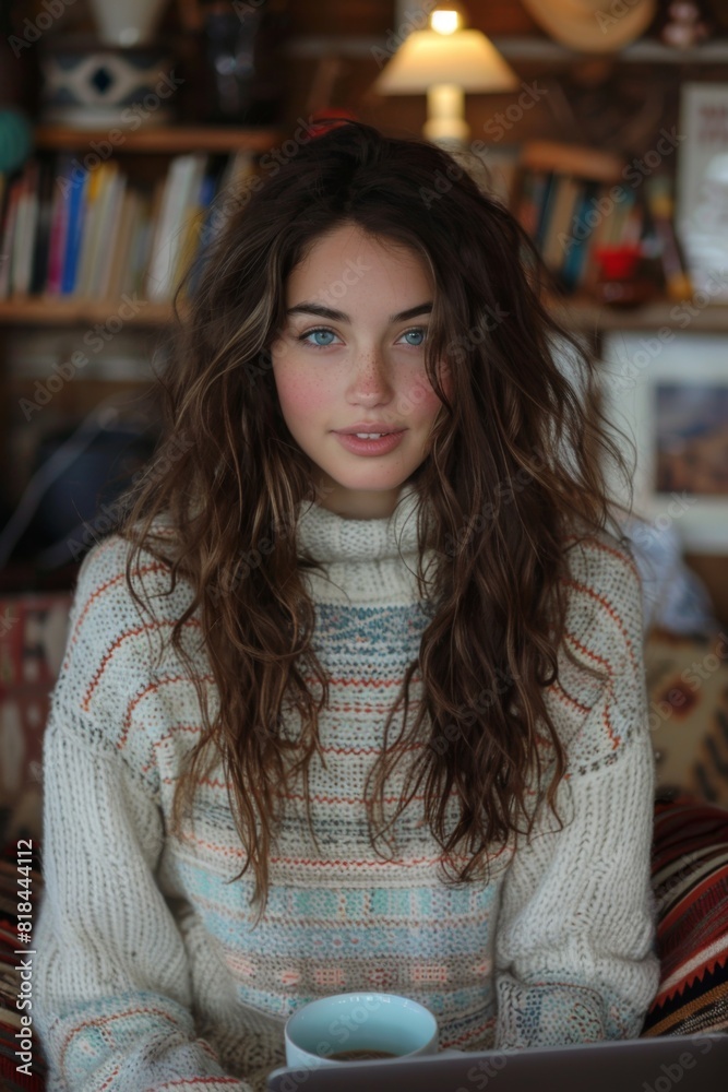 A young woman with long, wavy hair and blue eyes sits indoors, wearing a knitted sweater. She holds a coffee mug and looks directly at the camera, surrounded by a cozy, book-filled room. A young woman with long, wavy hair and blue eyes sits indoors, wearing a knitted sweater. She holds a coffee mug and looks directly at the camera, surrounded by a cozy, book-filled room.