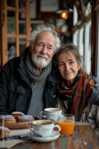 Elderly couple enjoying a meal together at a cafe with warm smiles.