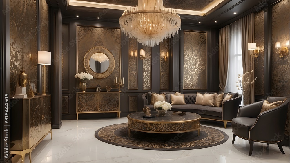 Royal luxury living room interior design, modern bronze and golden