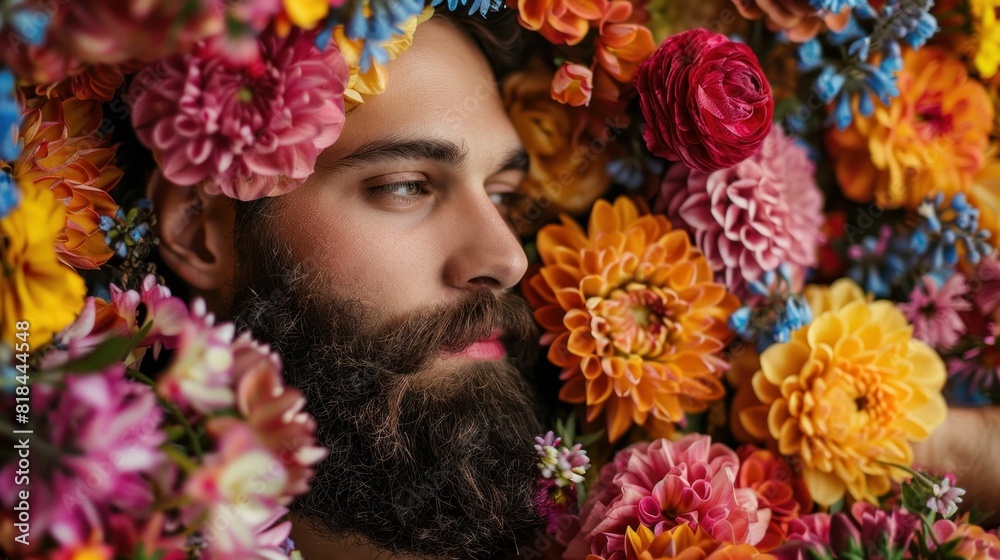 Man with beard surrounded by flowers in front of flowery background in a serene nature scene