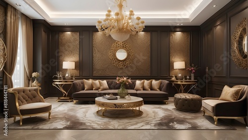 Royal luxury living room interior design, modern brown and golden interior design, luxurious living room design of a king palace, photo realistic background