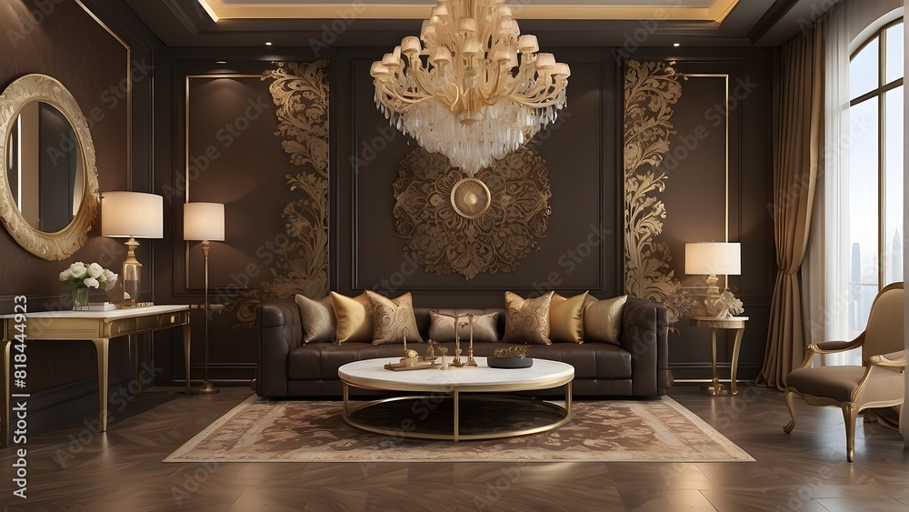Royal luxury living room interior design, modern brown and golden ...