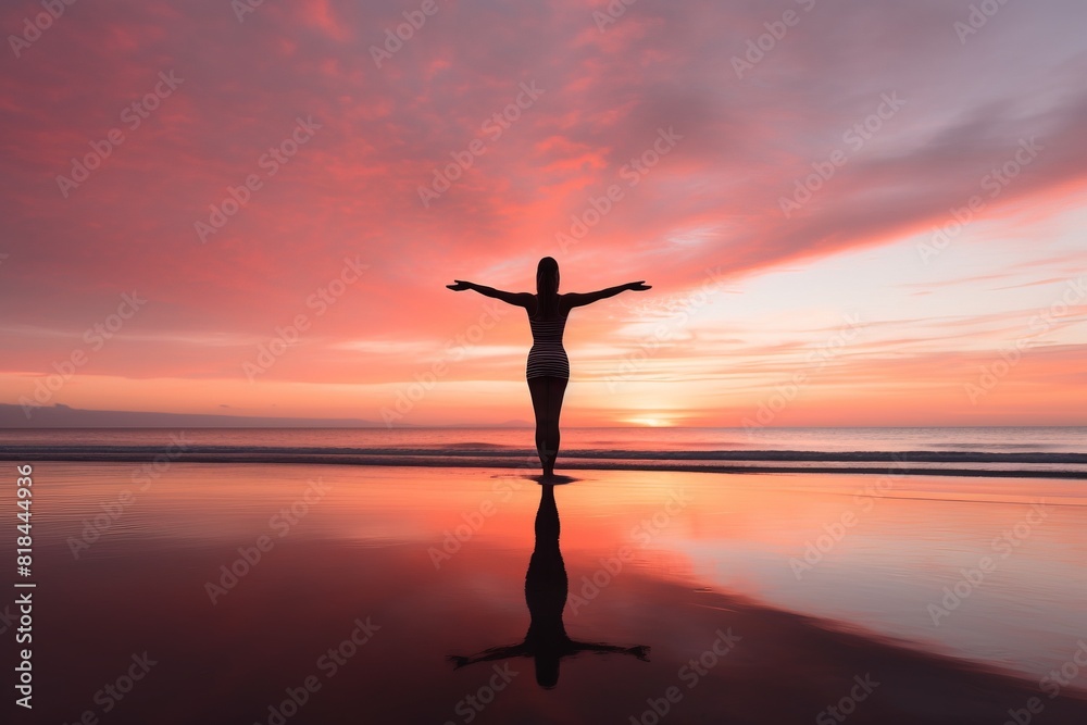 A woman is standing on the beach with her arms outstretched A woman is standing on the beach with her arms outstretched