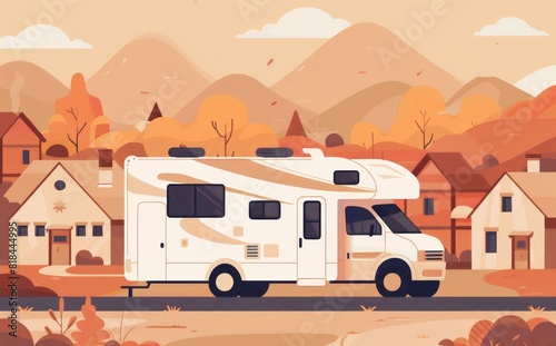 Traveling home rv parked on road in front of house, adventure on the go, road trip accommodation, mobile house on wheels, onthego living space © SHOTPRIME STUDIO