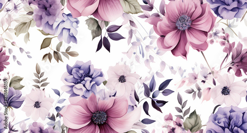 A floral pattern with white  pink  and purple flowers