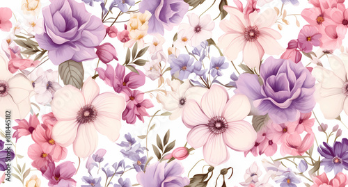 A floral pattern with white  pink  and purple flowers