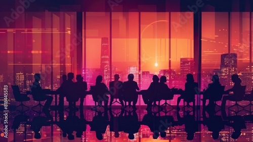 silhouettes of business people in meeting room with cityscape background, digital art style