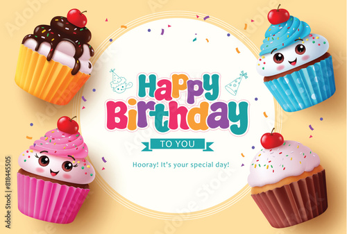 Happy birthday cupcake vector template design. Birthday cup cake characters in strawberry, chocolate and blueberry flavors for greeting card template. Vector illustration birthday invitation card 