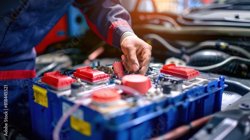Close up hand of auto mechanic checking Car Battery.