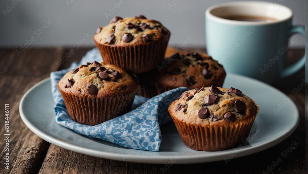 delicious chocolate chips muffins on plate delicious chocolate chips muffins on plate
