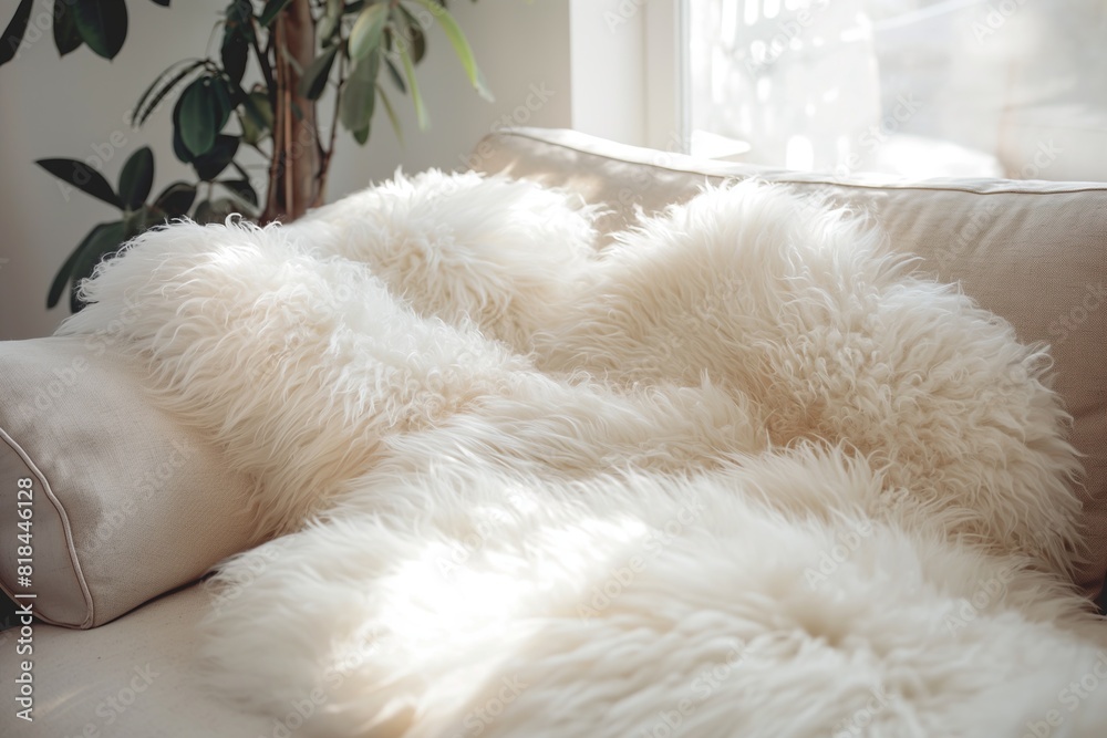 Sofa with fur in the living room. Interior design