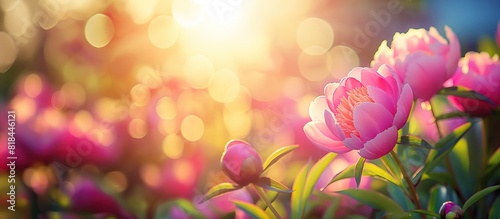 Fototapeta Naklejka Na Ścianę i Meble -  Beautiful pink peony flowers in the garden at sunset. Nature background