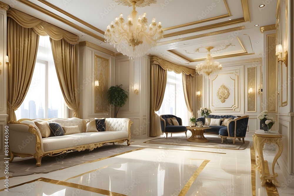 Royal luxury living room interior design, modern cream and golden drawing room interior design ...