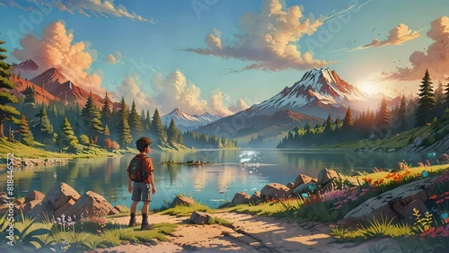 Tranquil scene of a person standing by a serene lake, admiring the majestic snow-capped mountain in the distance. Cartoon or anime watercolor painting illustration style. photo