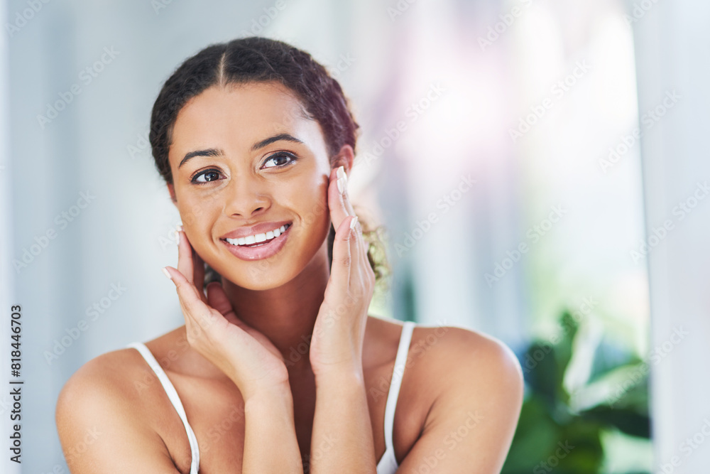Morning, woman and skincare results in home after facial treatment, inspection and check with smile. Bathroom, female model and face with benefits from cosmetics, collagen and satisfied with beauty Morning, woman and skincare results in home after facial treatment, inspection and check with smile. Bathroom, female model and face with benefits from cosmetics, collagen and satisfied with beauty