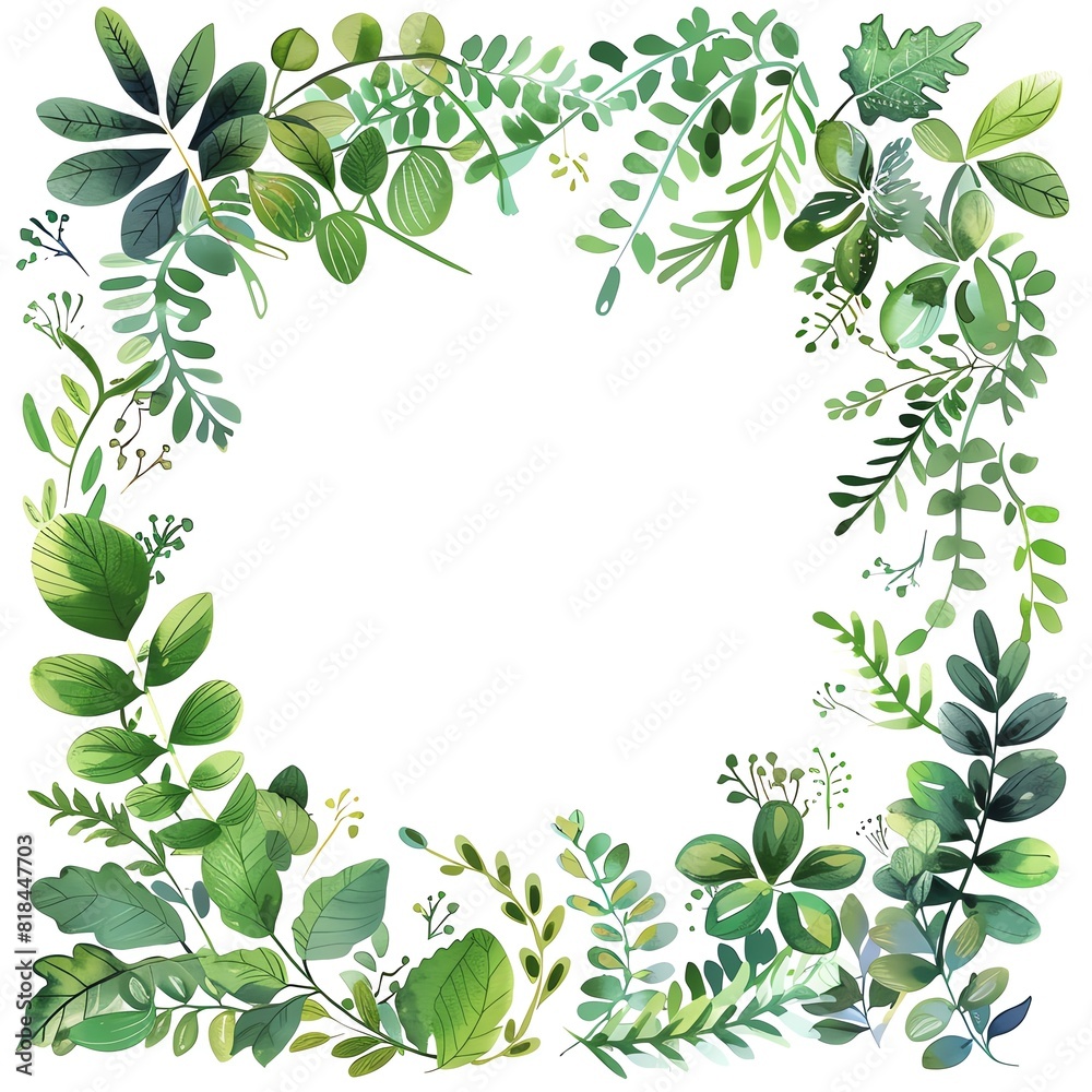 A beautiful botanical illustration of a variety of green leaves and plants. A beautiful botanical illustration of a variety of green leaves and plants.