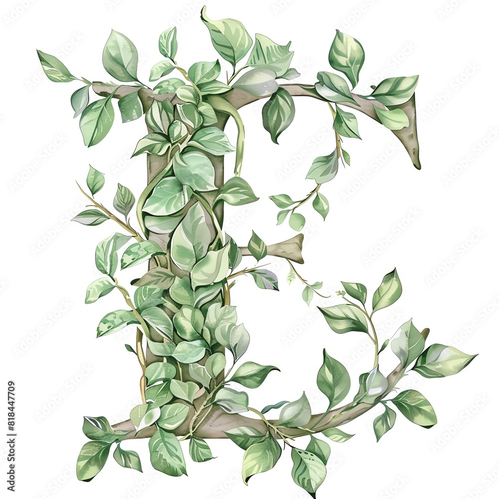 Fototapeta An illustration of the letter E made out of intertwined vines and leaves.
