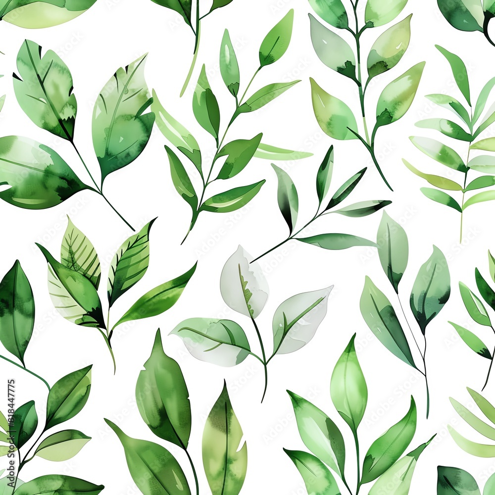 A seamless pattern of watercolor painted green leaves on a white background
