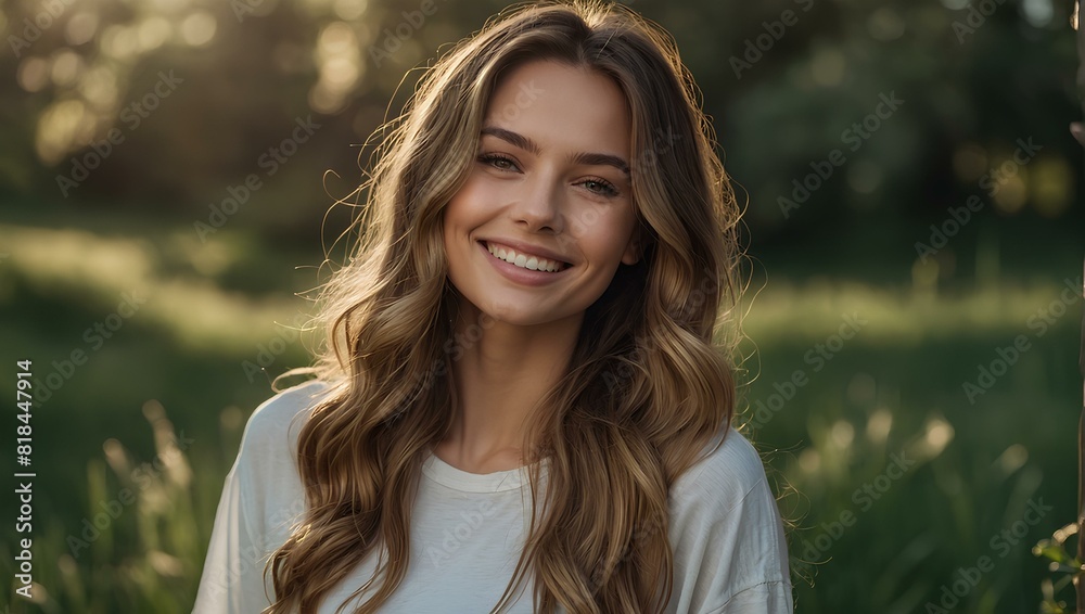 A warm and friendly photo of a young woman, smiling brightly. A warm and friendly photo of a young woman, smiling brightly.