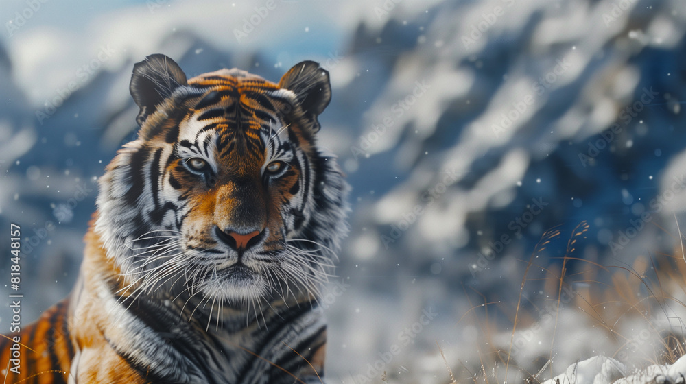 Obraz premium A Siberian Tiger is in the snow mountains, the details of the thick black and orange striped tiger fur are clearly visible, Ai generated Images
